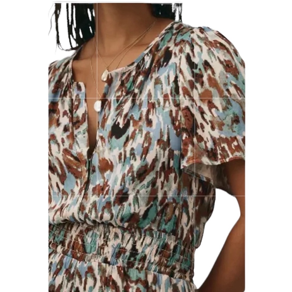 Anthropology, Somerset, romper, oversize V-neck, medium, brown, blue, and white